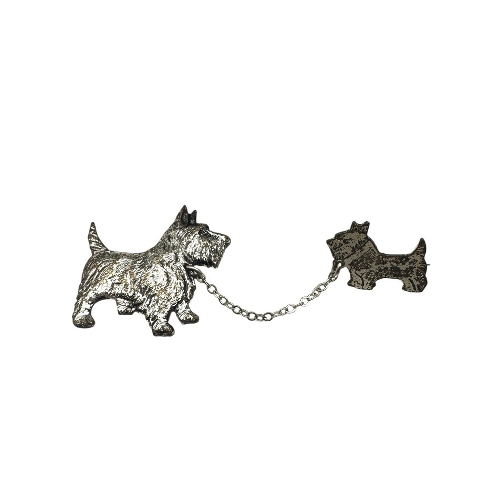 Vintage‎ Silver Tone Scottish Terrier Scottie Dog Mother Puppy Chain Brooch Pin